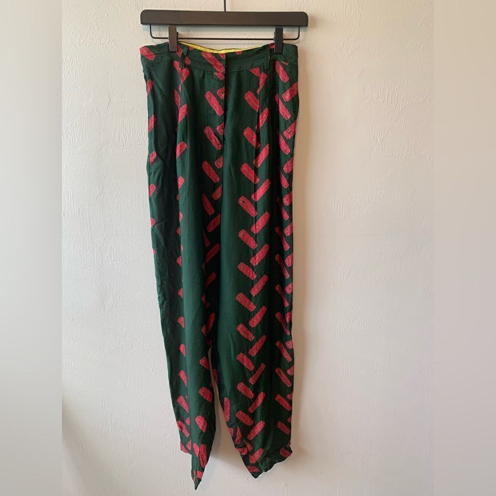 NORBLACK NORWHITE Green & Red Graphic Print Silk Tapered Pants Size S - Picture 2 of 8